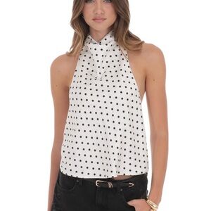 Lucy In The Sky Satin Mock Neck Polka Dot Top in White NET Large